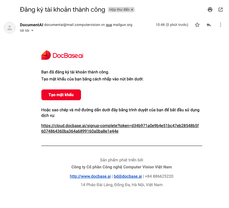 Email đăng ký thành công